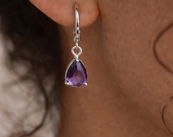 Purple Teardrop Earrings, Silver Huggie Hoop Drop Earrings, Minimalist Amethyst Earrings Dangle,  Small Dangle Earrings for Women
