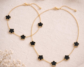 Black Enamel Clover Jewelry Set: Gold Necklace, Bracelet and Earrings, Gift for her