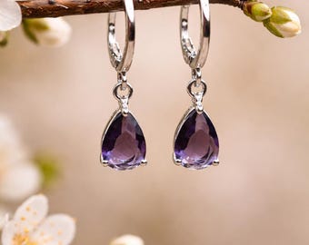 Amethyst Teardrop Earrings, Purple Gemstone Drop Earrings, Dainty Silver Hoop Earrings, February Birthstone Gift for Her