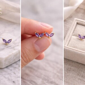 Amethyst Earring Set, Gold Hoop and Stud Earrings Set, Purple Crystal Earrings, Butterfly Studs Gold, Minimalist Ear Stack, Amethyst Gift image 6