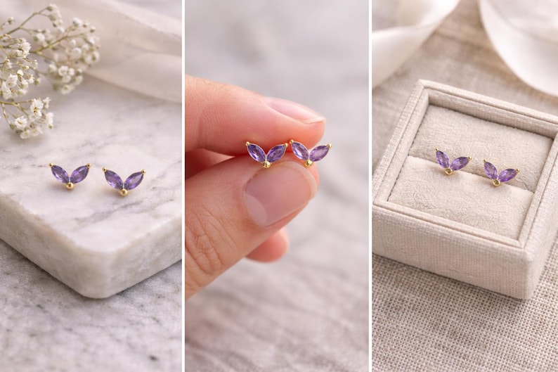 Amethyst Earring Set, Gold Hoop and Stud Earrings Set, Purple Crystal Earrings, Butterfly Studs Gold, Minimalist Ear Stack, Amethyst Gift image 6