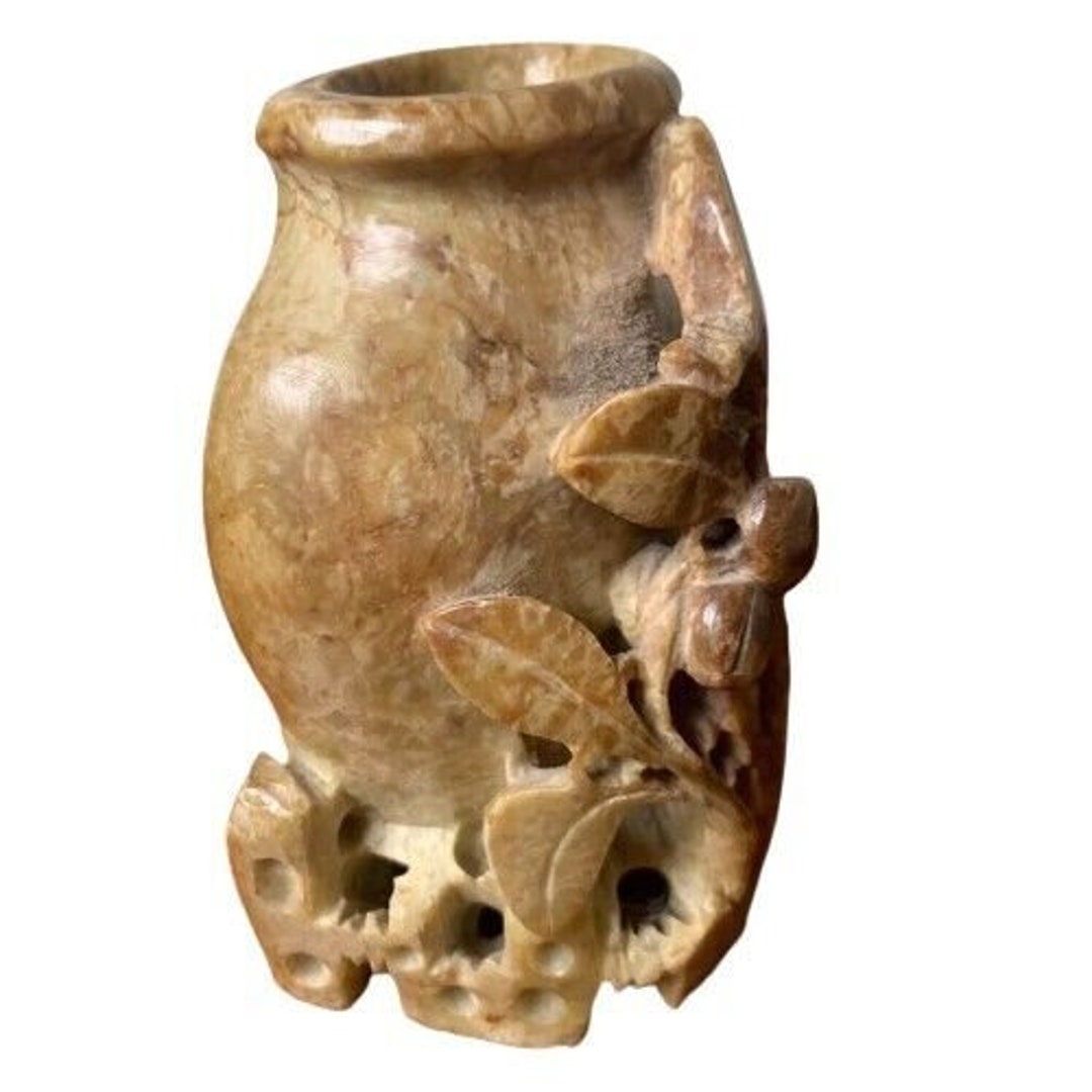 Vintage Chinese Carved Soapstone Vase With Flowers Etsy