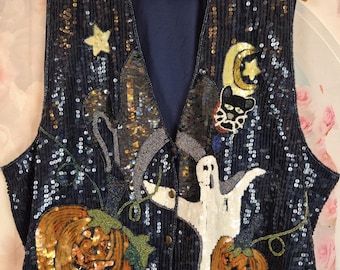 Vintage Quacker Factory Halloween-vest met lovertjes 3X plus Ghost Pumpkin Black Cat