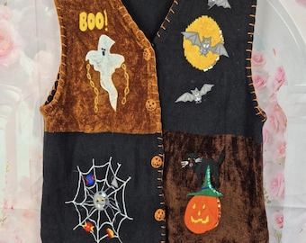 Vintage Lisa International Halloween Sweater Vest XL Black Orange Ghost Cat Bats