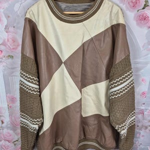 Vintage Bagazio Leather & Wool Knit Sweater Coogi Style Patchwork Brown XXL