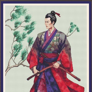 May include: A samurai warrior in a red and purple robe with a sword, standing in front of a green pine tree.
