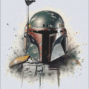 May include: A close-up of a Star Wars Boba Fett helmet with a weathered green and brown paint scheme. The helmet is set against a white background with splattered paint.