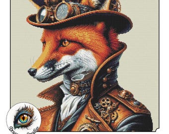 Foxy Steampunk Chap | PDF Download | Steampunk Cross Stitch | Unique Design | Fox portrait