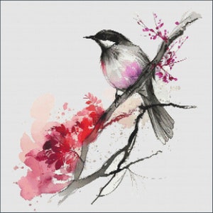Chinese Style Oriental Bird in Blossom | ink and watercolor | Instant PDF Download | Cross Stitch Pattern | Nature | Spring Decor