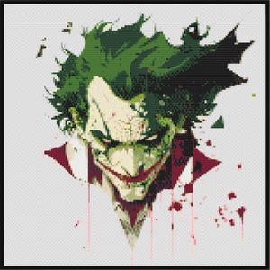 May include: A close-up of the Joker's face, with green hair and a red and white collar. The background is white with red splatters.