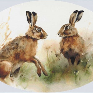 Liebres Meet / Patrón de punto de cruz / Descarga PDF / Vida silvestre británica / Naturaleza / Regalo