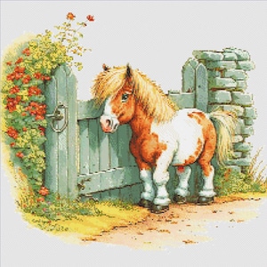 Peut inclure: Un poney brun et blanc avec une crinière blonde se tient près d'une porte en bois. Le poney regarde la porte, qui est ouverte. Il y a des fleurs rouges et jaunes en arrière-plan.