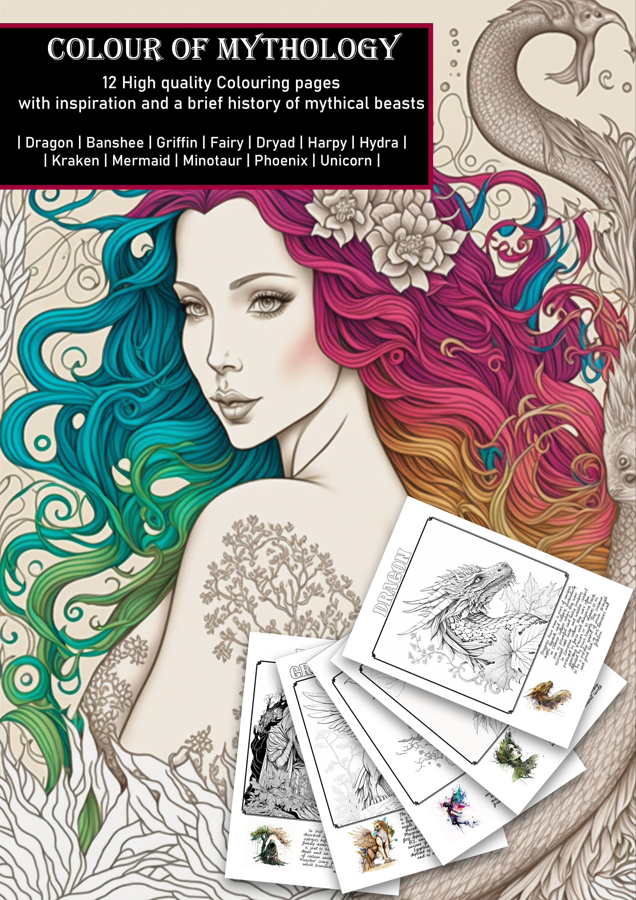 Mythological Beasts Coloring Book Printable Adult Kids Colouring Pages ...