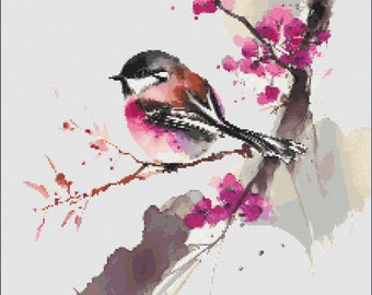 Finch in Cherry Blossom | Cross Stitch Pattern | Instant PDF Download | Chinese Style Ink and Watercolour | Nature | Bird | Home Decor