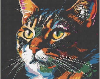 Gatto soriano luminoso / Schema punto croce colorato / Regalo per gli amanti dei gatti / Download PDF /