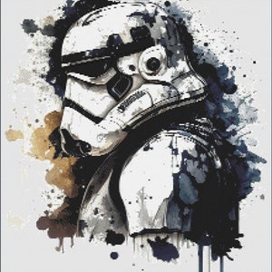 May include: A white Stormtrooper helmet with black details, set against a background of blue, brown, and black watercolor splatters.
