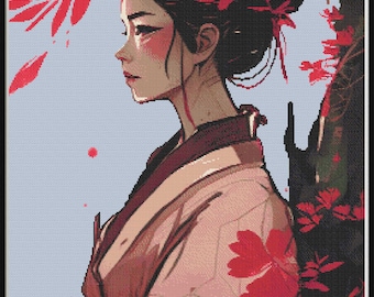 Geisha's Red Garden Cross Stitch Pattern: Japanese Needlework (PDF Pattern)