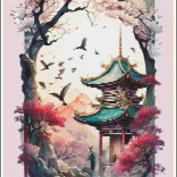 Blossom Temple Cross Stitch Pattern | Instant PDF Download | Oriental Art |