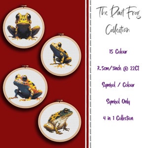 May include: A set of four cross-stitch patterns featuring different dart frogs. The patterns are 7.5 inches in diameter and use 15 colors. The patterns are available in both symbol and color formats, as well as symbol only. The patterns are part of a 4 in 1 collection.