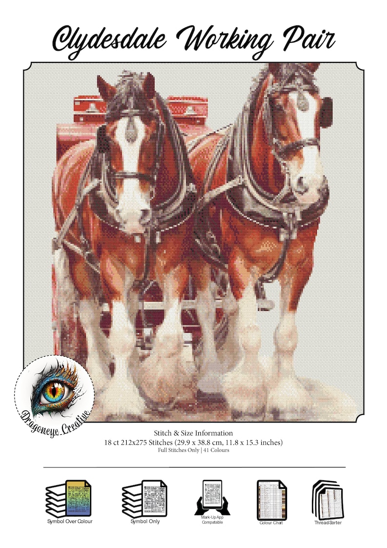 Clydesdale Heavy Horses PDF Cross Stitch Horse Gift Xstitch