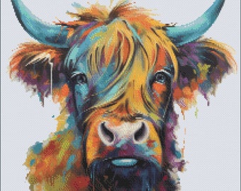 Colourful Highland Cow | Cross stitch pattern | PDF download | Modern Art | Embroidery pattern