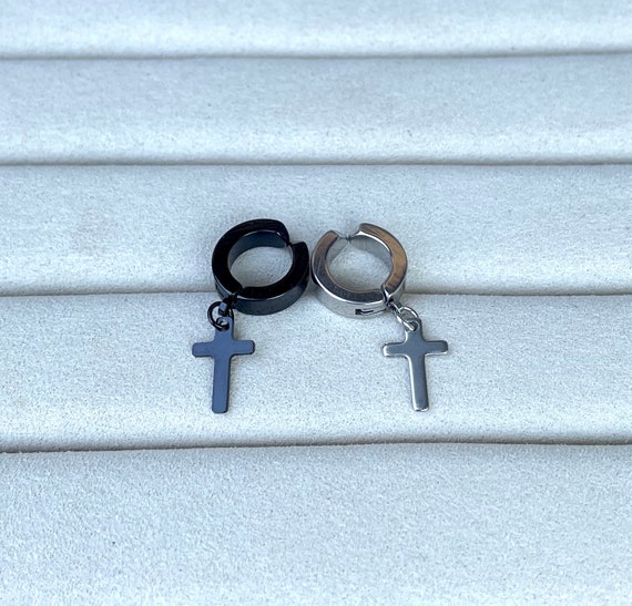 Clip on Black Silver Cross Earring, No Piercing Earrings Black