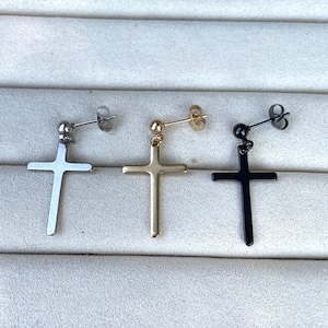 black silver gold cross stud earring, Earrings black silver gold dangle cross earring, black silver gold drop earring | earlobe -31
