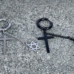 black or silver crossing with chained hexagram earring | black silver dangle cross earring | black silver drop earring | earlobe -47