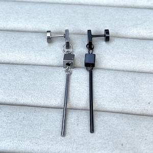 black silver stud vertical bar earrings | black silver vertical earrings | kpop earrings | earlobe -35