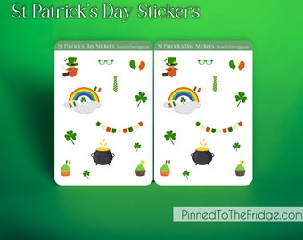 St. Patrick's Day sticker sheet, Cute Saint Patrick's green shamrock stickers with Leprechaun and cupcakes