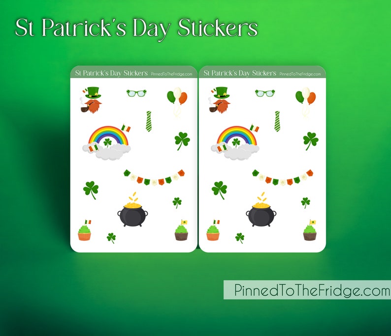 May include: Two sheets of St. Patrick's Day stickers with various festive illustrations. The stickers feature rainbows, shamrocks, leprechaun hats, pots of gold, and cupcakes. The text "St Patrick's Day Stickers" is at the top.