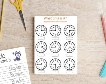 Time Telling Worksheet, Print Ready, 2 Page Worksheet, Clock Reading Exercises (Digital Download)