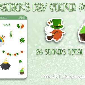 May include: A sticker pack with St. Patrick's Day themed designs. The stickers include a leprechaun with a pipe, a rainbow, shamrocks, a pot of gold, and cupcakes. The text on the sticker pack says "St Patrick's Day Sticker Pack" and "26 Stickers Total".