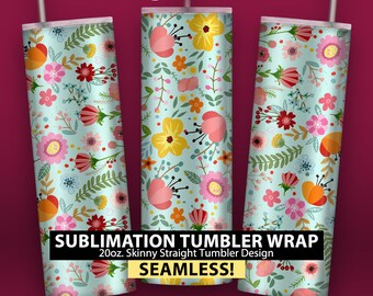 Flowers Illustration on Blue - 20oz Skinny Sublimation Tumbler Wrap Design