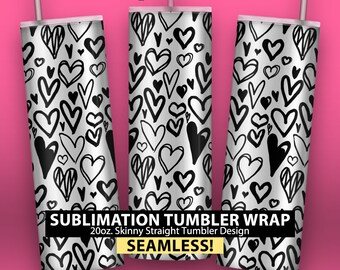 Black & White Heart Pattern - 20oz Skinny Sublimation Tumbler Wrap Design