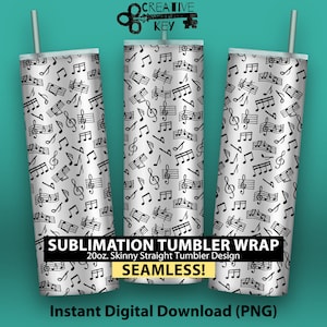 Music Notes - Black & White Pattern - 20oz Skinny Sublimation Tumbler Wrap Design