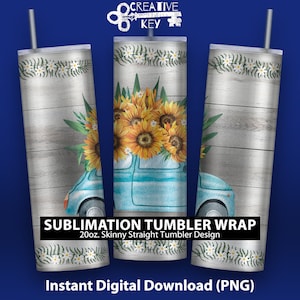 May include: A sublimation design for a 20 ounce skinny straight tumbler featuring a blue car with a bouquet of sunflowers on top. The background is a woodgrain pattern with a white daisy garland.