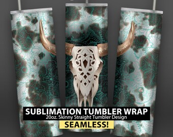 Southwest Etched Longhorn Skull on Paisley and Cow Skin Pattern - 20oz Skinny Sublimation Tumbler Wrap Design