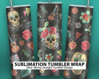 Day of the Dead Skull Watercolor Pattern - 20oz Skinny Sublimation Tumbler Wrap Design