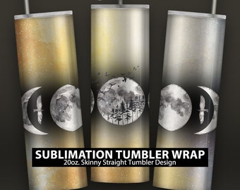 Watercolor Moon Phases & Birds - 20oz Skinny Sublimation Tumbler Wrap Design