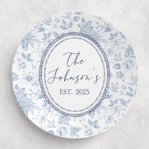 Custom Blue Toile de Jouy Platter Personalized Mr. and Mrs. Wedding Gift Rustic Family Name Plate Unique Gift Bride and Groom Bridal Shower