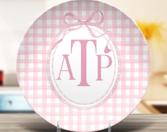 Rosa ginghammonogram-födelsedagstallrik Coquette gingham-tema födelsedagsfest för barn 1-årsdag Smash Cake Anpassad tallrik temafestgåvor