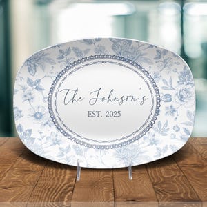 Custom Blue Toile de Jouy Platter Personalized Mr. and Mrs. Wedding Gift Rustic Family Name Plate Unique Gift Bride and Groom Bridal Shower