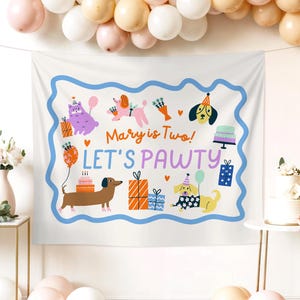 Puppy Pawty Birthday Custom Banner Backdrop Boys Girls Dog Birthday Party Dog Face Garland Lets Pawty Puppy 1st Birthday Two Let the Dogs