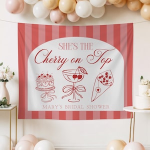 She&#39;s The Cherry on Top Bridal Shower Cherry Coquette Photo Backdrop Personalized Wedding Shower Banner Cherry Martini Bach Party Decor