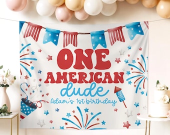 One American Dude 1st Birthday Banner Patriotic 4th of July Birthday Party Photo Backdrop Little Firecracker Party Decorations First Birthda