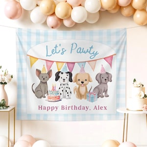 Puppy Pawty Birthday Custom Banner Backdrop Boys Girls Dog Birthday Party Dog Face Garland Lets Pawty Puppy 1st Birthday Two Let the Dogs