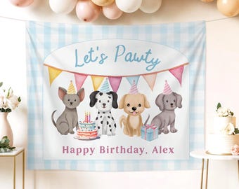 Puppy Pawty Birthday Custom Banner Backdrop Boys Girls Dog Birthday Party Dog Face Garland Lets Pawty Puppy 1st Birthday Two Let the Dogs