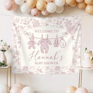 Pink Toile de Jouy Baby Shower Banner Personalized Chinisoire Girl Baby Shower Decor Baby Clothesline Photo Backdrop Gender Neutral Shower