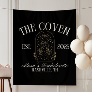 Custom Witchy Bachelorette Party Banner The Coven Bach Party Backdrop Gothic Wedding Photo Background Celestial Bachelorette Decor image 1